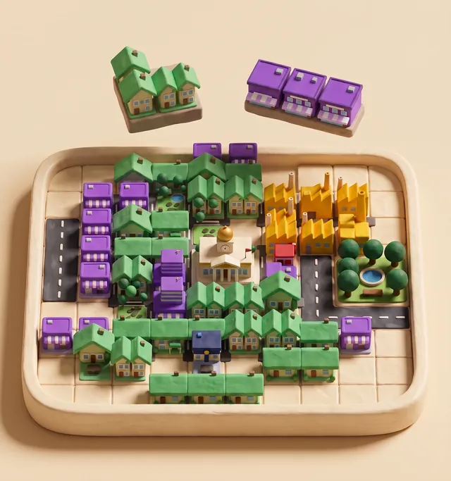Little clay buildings around a gold-domed City Hall: green homes, plum shops and yellow factories, with city blocks about to drop in