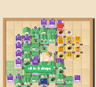 A block held over the board with a “+8 in 3 drops” preview beside it