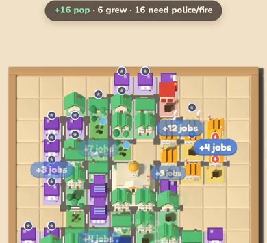 The board after a growth: “+16 pop, 6 grew” and floating +4 pop and +12 jobs labels